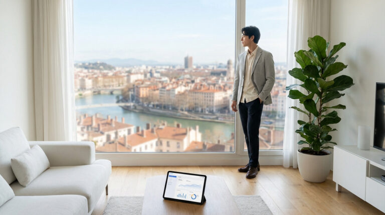 A man in smart-casual attire gazes thoughtfully from a bright, modern apartment window at a blurred cityscape. A tablet with data charts rests on a coffee table.